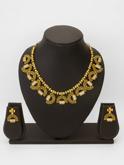 Aadita Gold-Plated AD Stone Half-Moon Arch Necklace Set with Geometric Stud Earrings