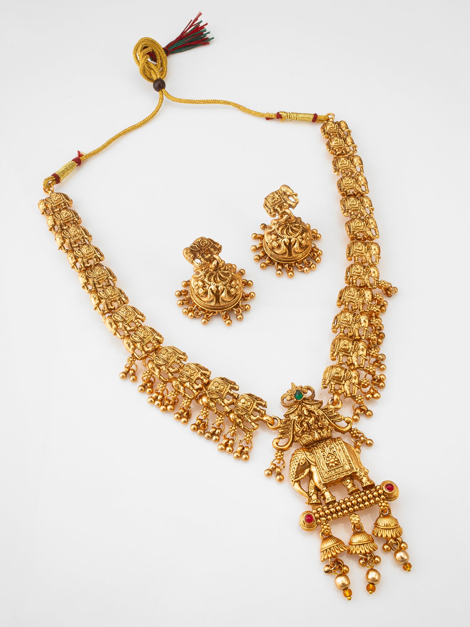 Aadita Gold-Plated Elephant Motif Long Necklace Set with  Stud Jhumka Earrings
