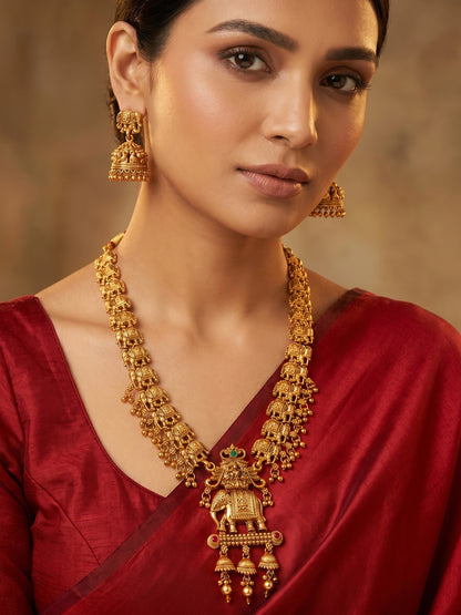 Aadita Gold-Plated Elephant Motif Long Necklace Set with  Stud Jhumka Earrings