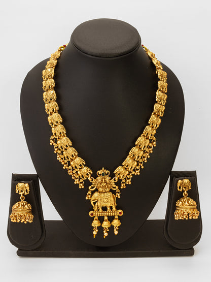 Aadita Gold-Plated Elephant Motif Long Necklace Set with  Stud Jhumka Earrings