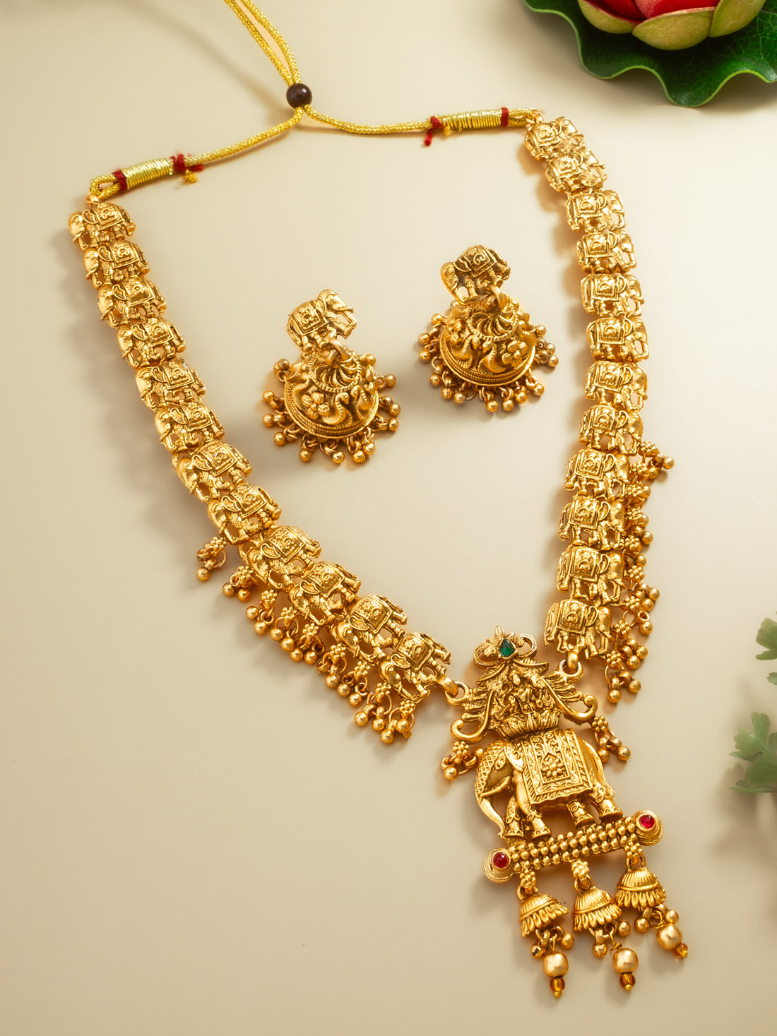 Gold-Plated Elephant Motif Long Necklace Set with Stud Jhumka Earrings