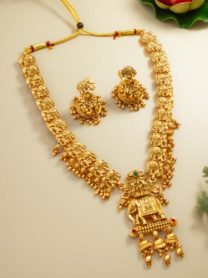 Aadita Gold-Plated Elephant Motif Long Necklace Set with  Stud Jhumka Earrings