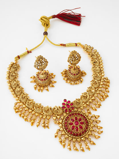 Aadita Antique Gold Temple Necklace Set with Stones and Jhumka Earrings