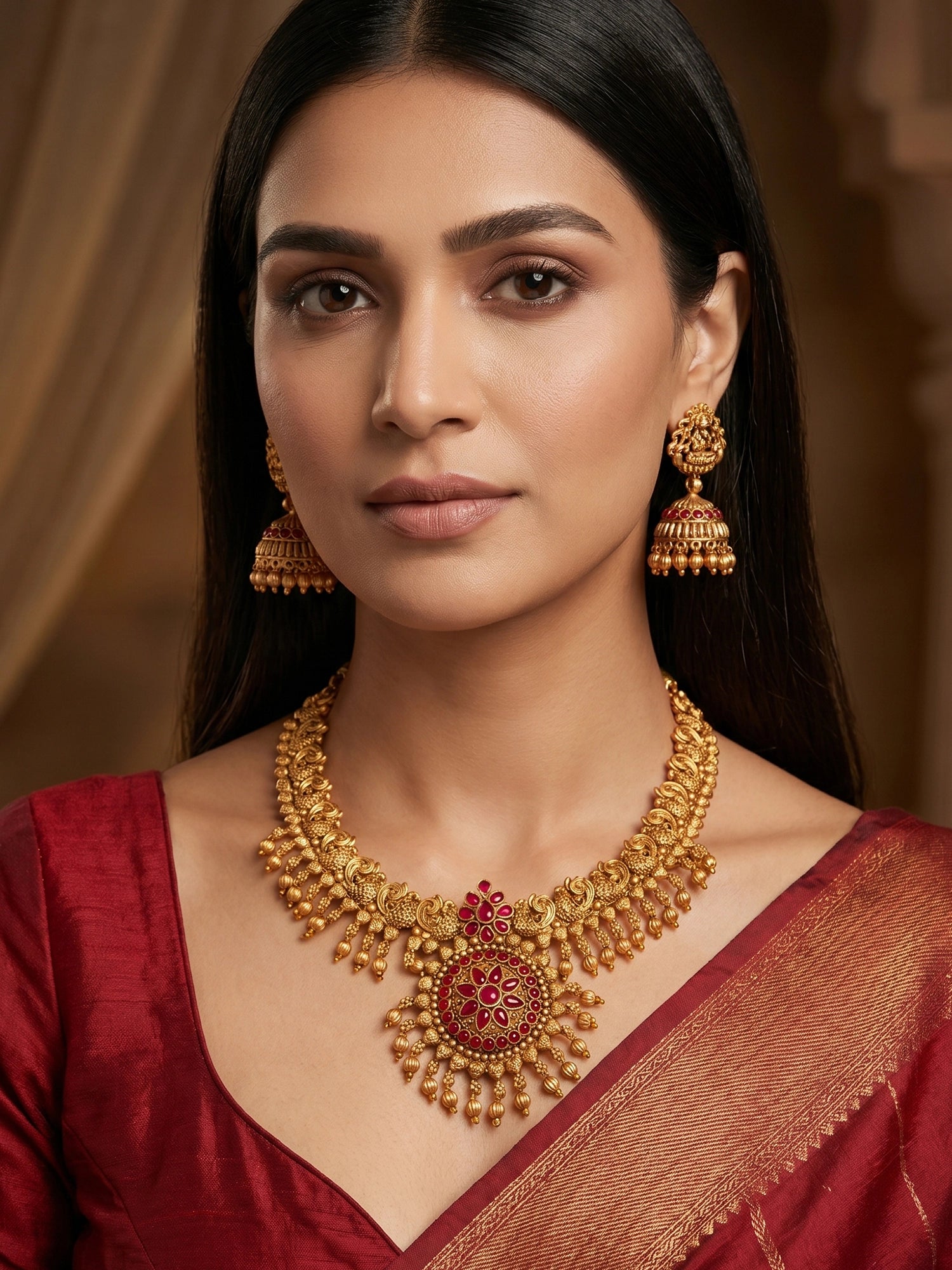 Aadita Antique Gold Temple Necklace Set with Stones and Jhumka Earrings