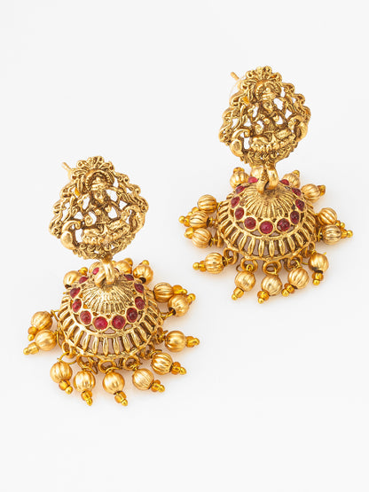 Aadita Antique Gold Temple Necklace Set with Stones and Jhumka Earrings