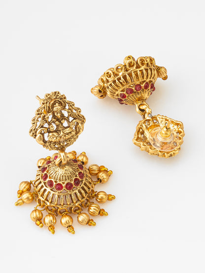 Aadita Antique Gold Temple Necklace Set with Stones and Jhumka Earrings