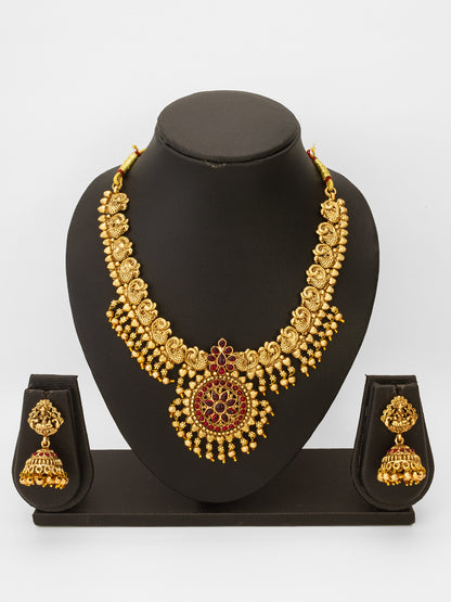 Aadita Antique Gold Temple Necklace Set with Stones and Jhumka Earrings