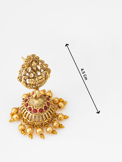 Aadita Antique Gold Temple Necklace Set with Stones and Jhumka Earrings