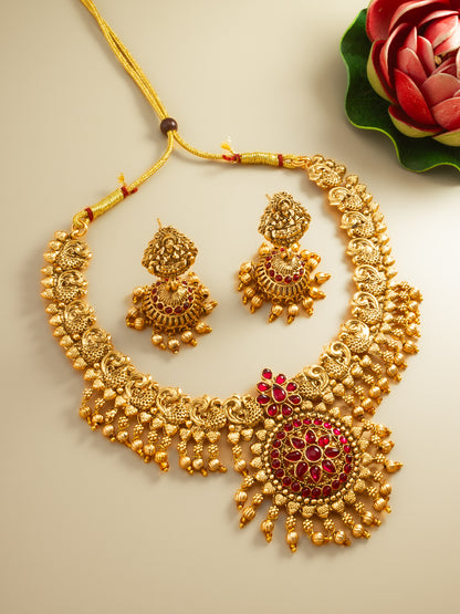 Aadita Antique Gold Temple Necklace Set with Stones and Jhumka Earrings