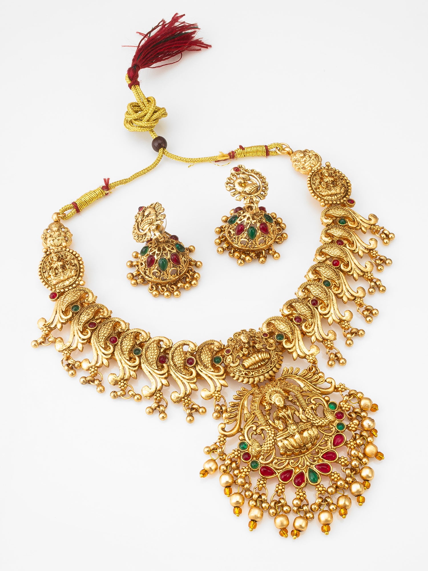 Aadita Antique Gold Temple Necklace Set with Lakshmi and Peacock Motifs, Stones and Jhumka Earrings