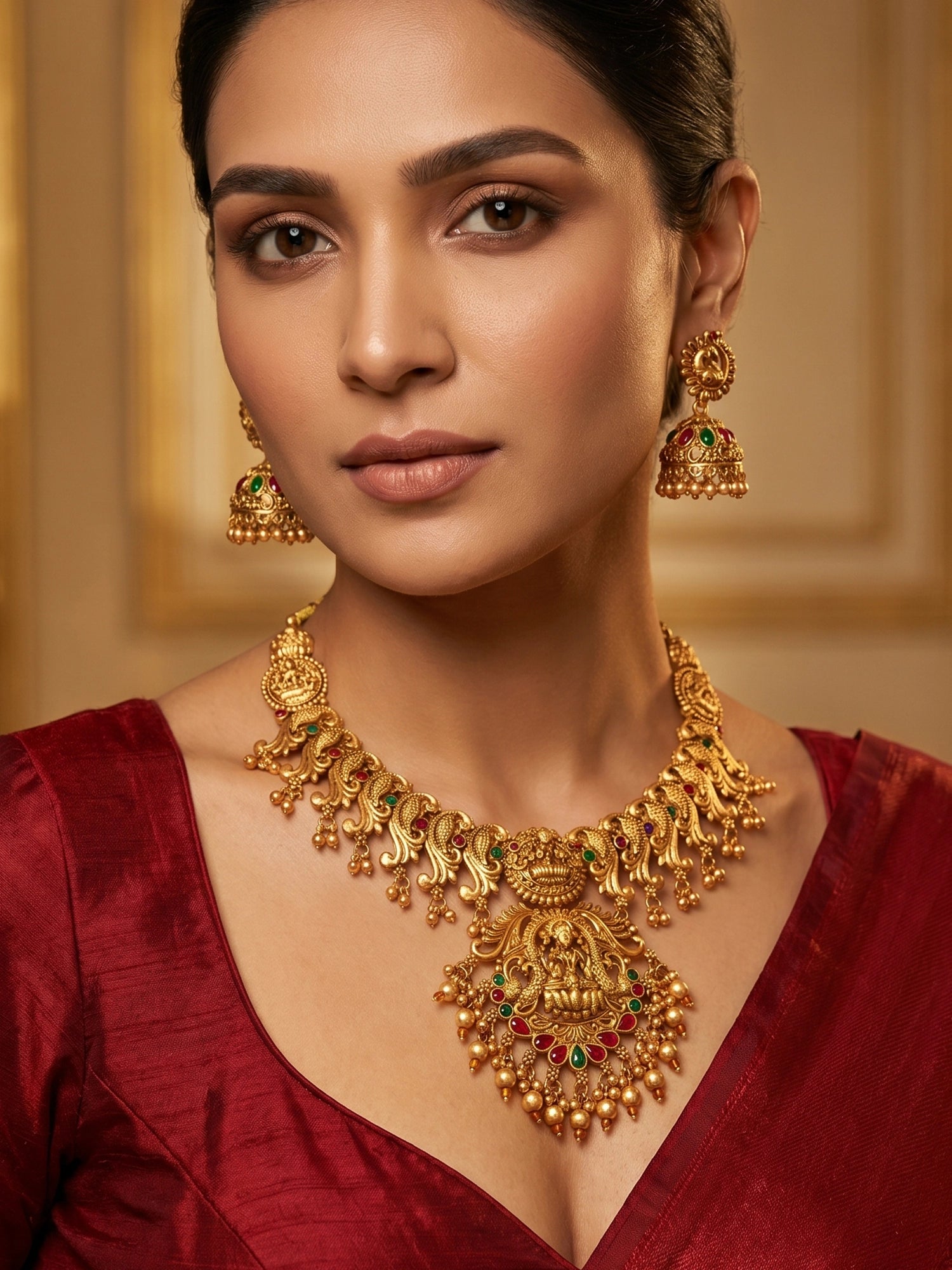 Aadita Antique Gold Temple Necklace Set with Lakshmi and Peacock Motifs, Stones and Jhumka Earrings