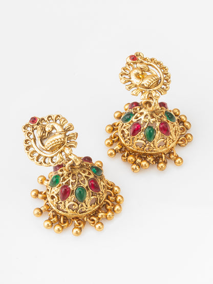 Aadita Antique Gold Temple Necklace Set with Lakshmi and Peacock Motifs, Stones and Jhumka Earrings