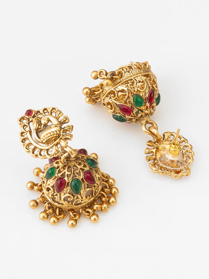 Aadita Antique Gold Temple Necklace Set with Lakshmi and Peacock Motifs, Stones and Jhumka Earrings
