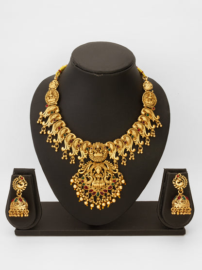 Aadita Antique Gold Temple Necklace Set with Lakshmi and Peacock Motifs, Stones and Jhumka Earrings