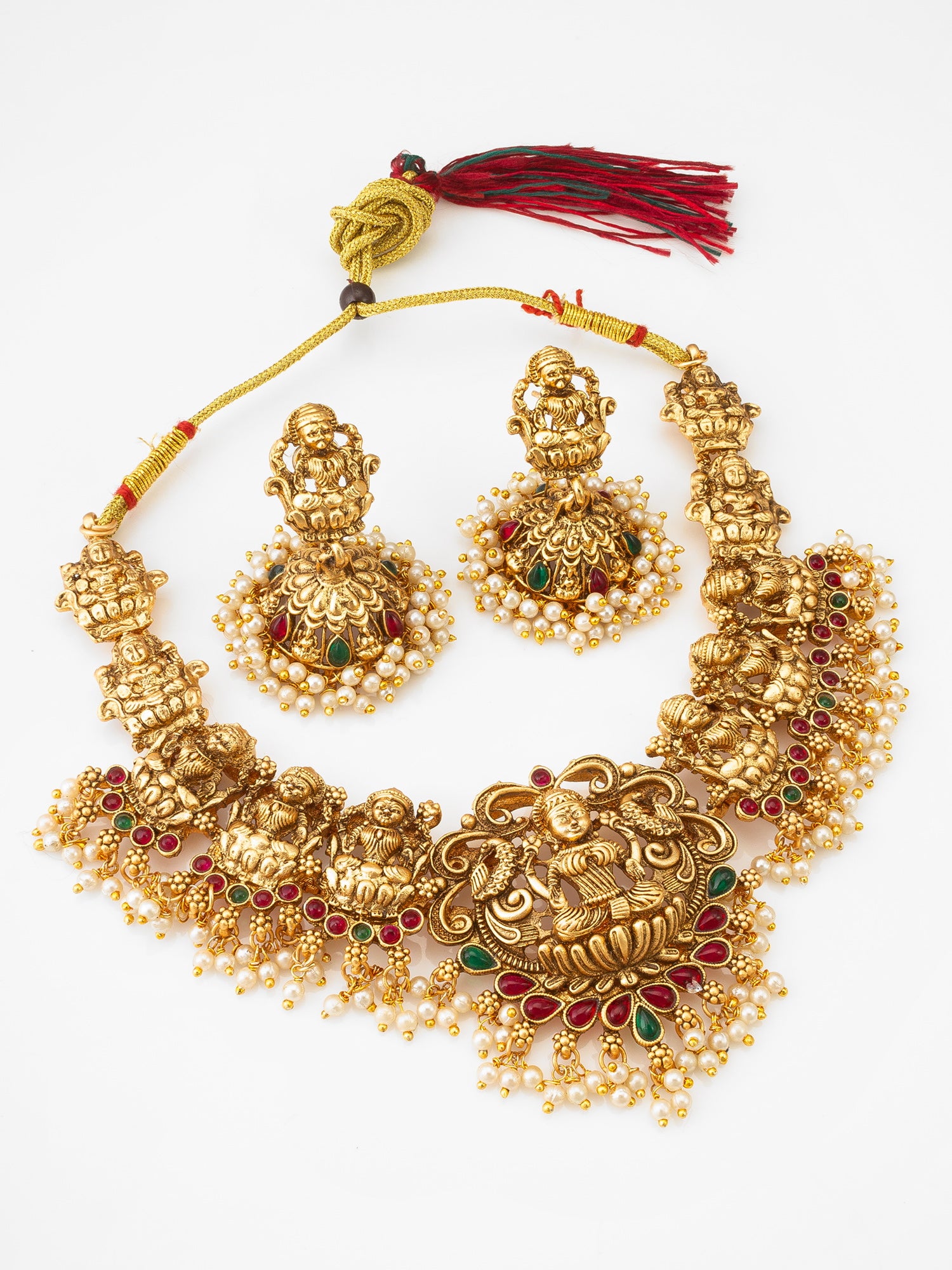 Aadita Antique Gold Lakshmi Temple Necklace Set with Stones, Pearl and Jhumka Earrings