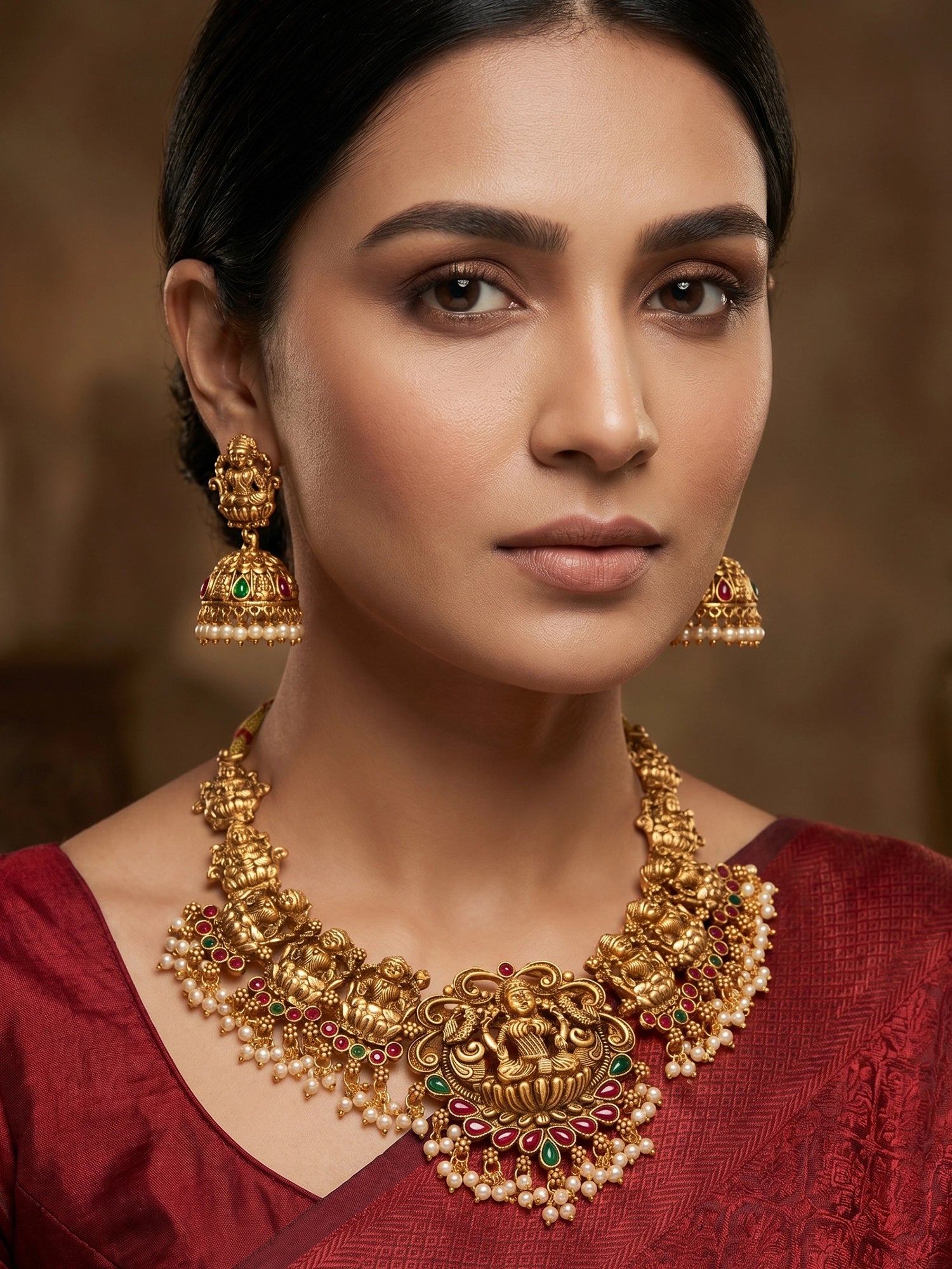 Aadita Antique Gold Lakshmi Temple Necklace Set with Stones, Pearl and Jhumka Earrings
