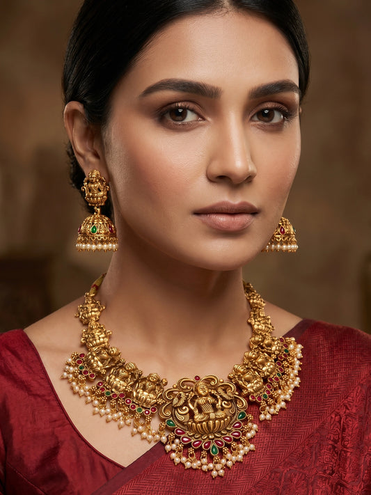Aadita Antique Gold Lakshmi Temple Necklace Set with Stones, Pearl and Jhumka Earrings