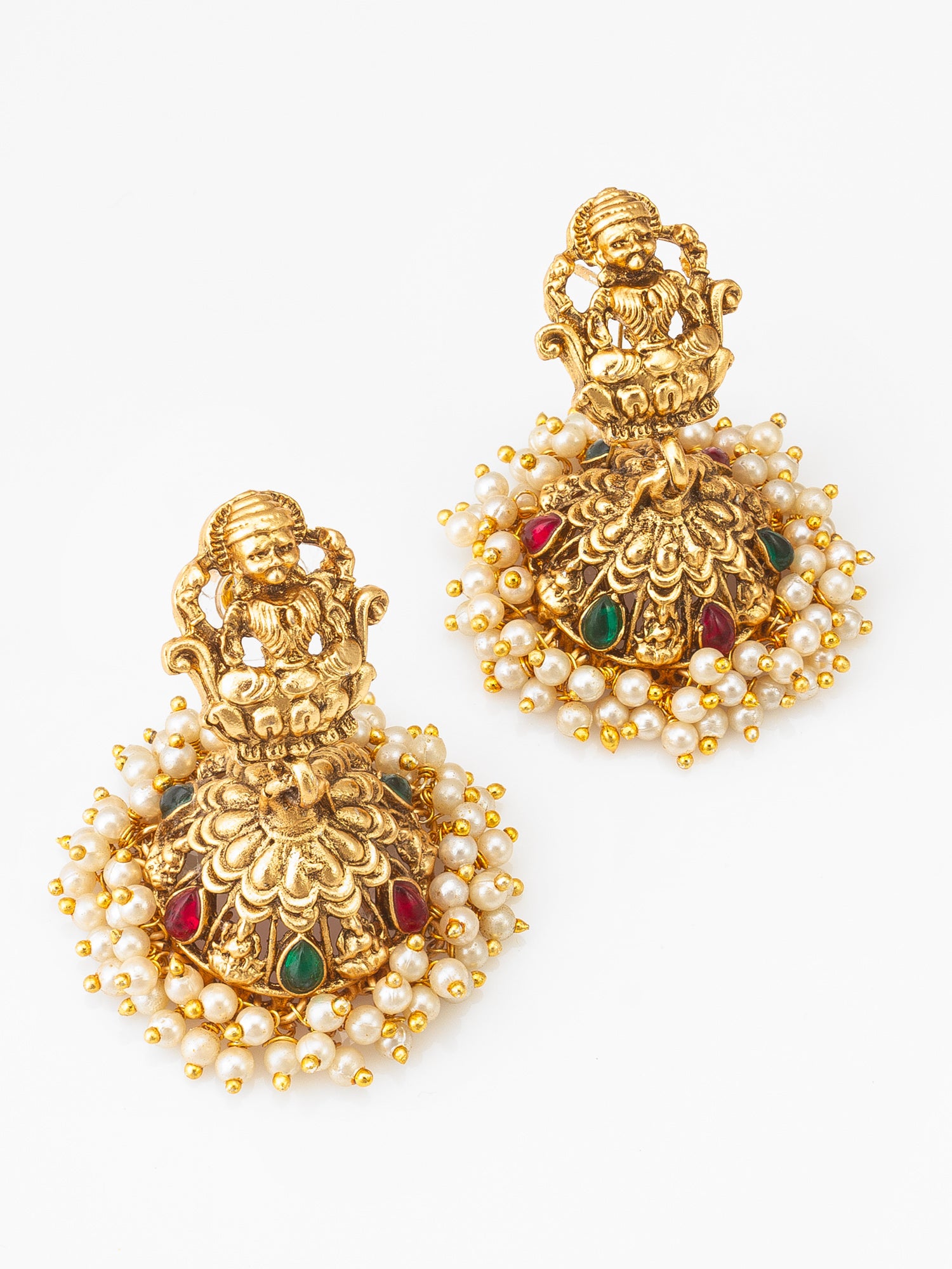 Aadita Antique Gold Lakshmi Temple Necklace Set with Stones, Pearl and Jhumka Earrings