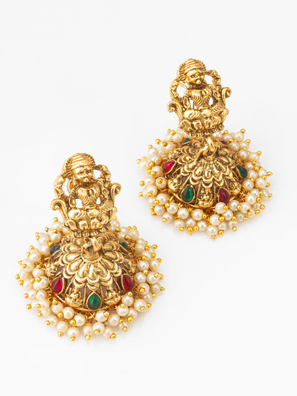 Aadita Antique Gold Lakshmi Temple Necklace Set with Stones, Pearl and Jhumka Earrings