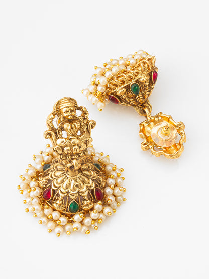 Aadita Antique Gold Lakshmi Temple Necklace Set with Stones, Pearl and Jhumka Earrings
