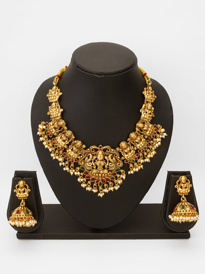Aadita Antique Gold Lakshmi Temple Necklace Set with Stones, Pearl and Jhumka Earrings