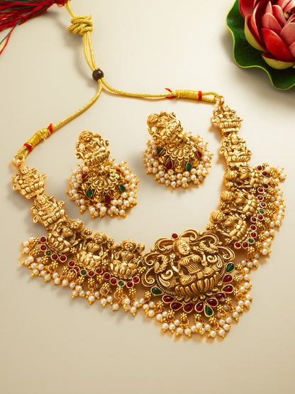 Aadita Antique Gold Lakshmi Temple Necklace Set with Stones, Pearl and Jhumka Earrings