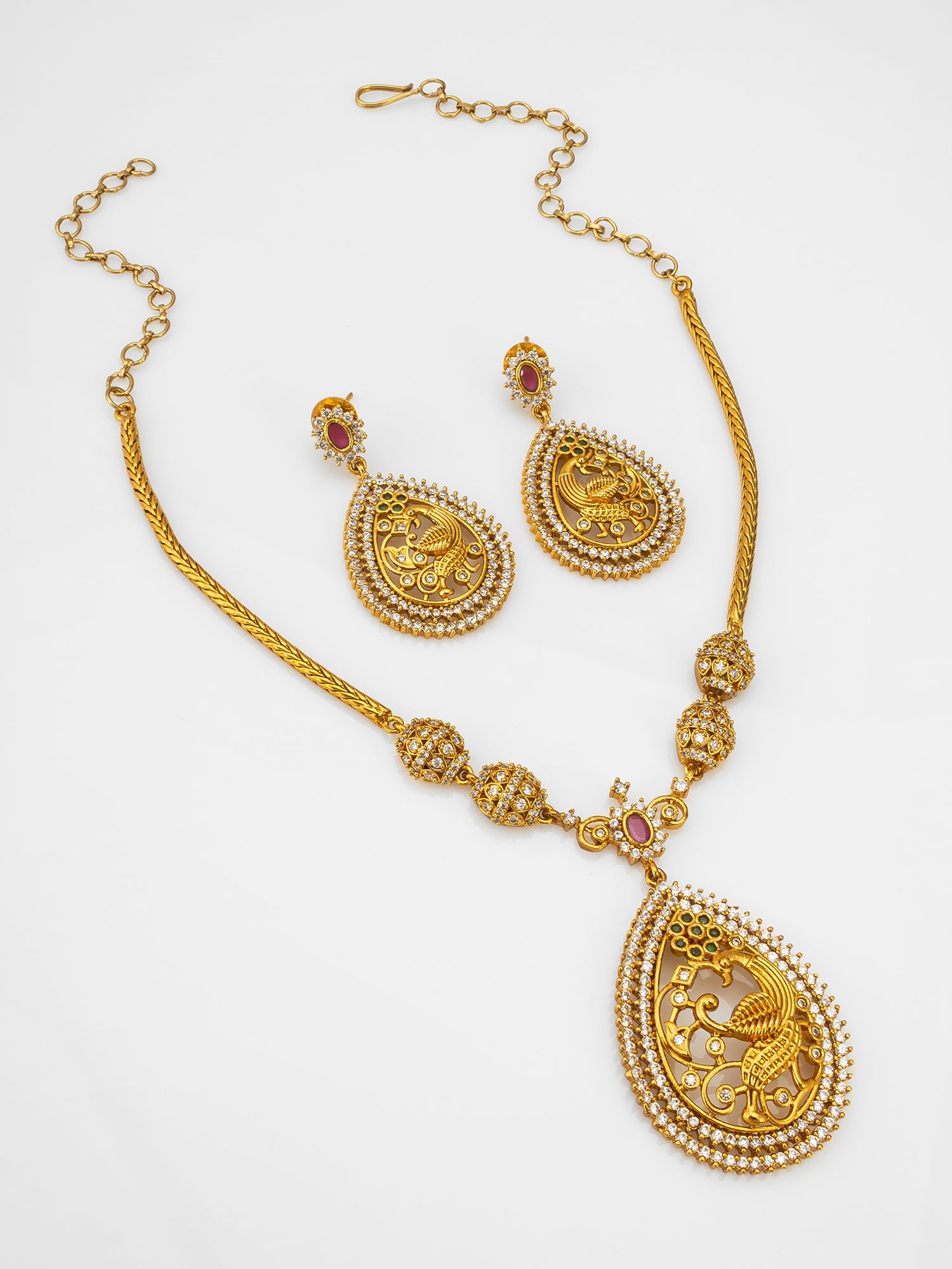 Aadita Temple Peacock AD Necklace Set with Pendant