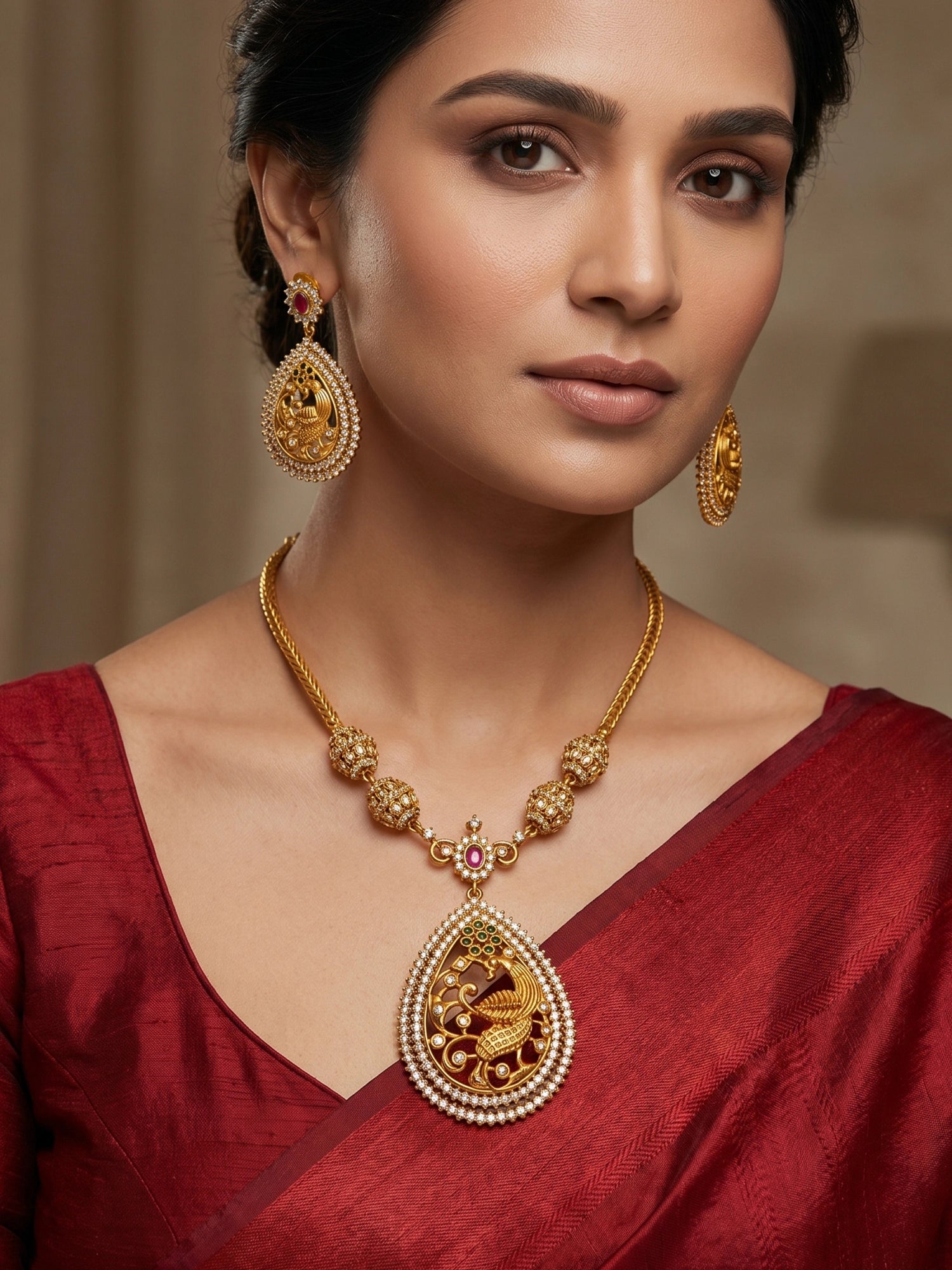 Aadita Temple Peacock AD Necklace Set with Pendant