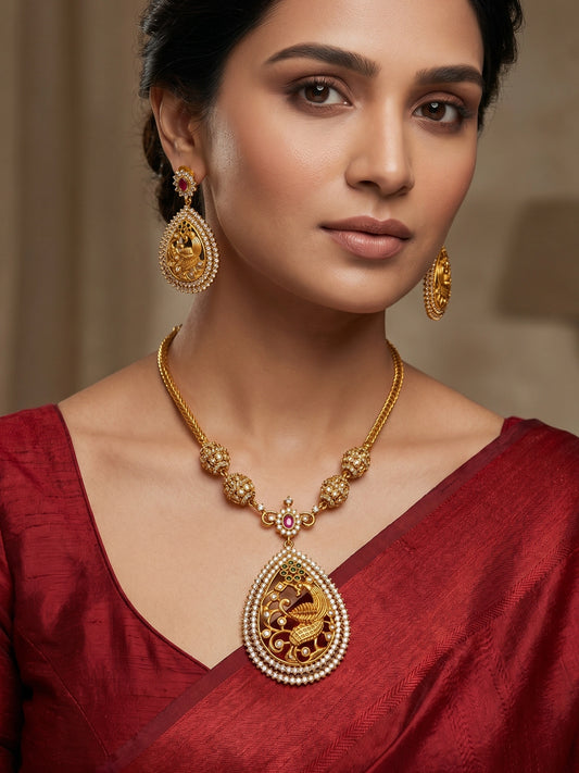 Aadita Temple Peacock AD Necklace Set with Pendant