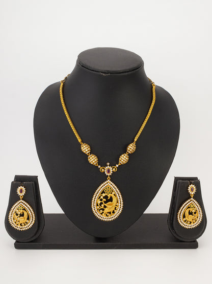 Aadita Temple Peacock AD Necklace Set with Pendant