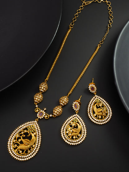 Aadita Temple Peacock AD Necklace Set with Pendant