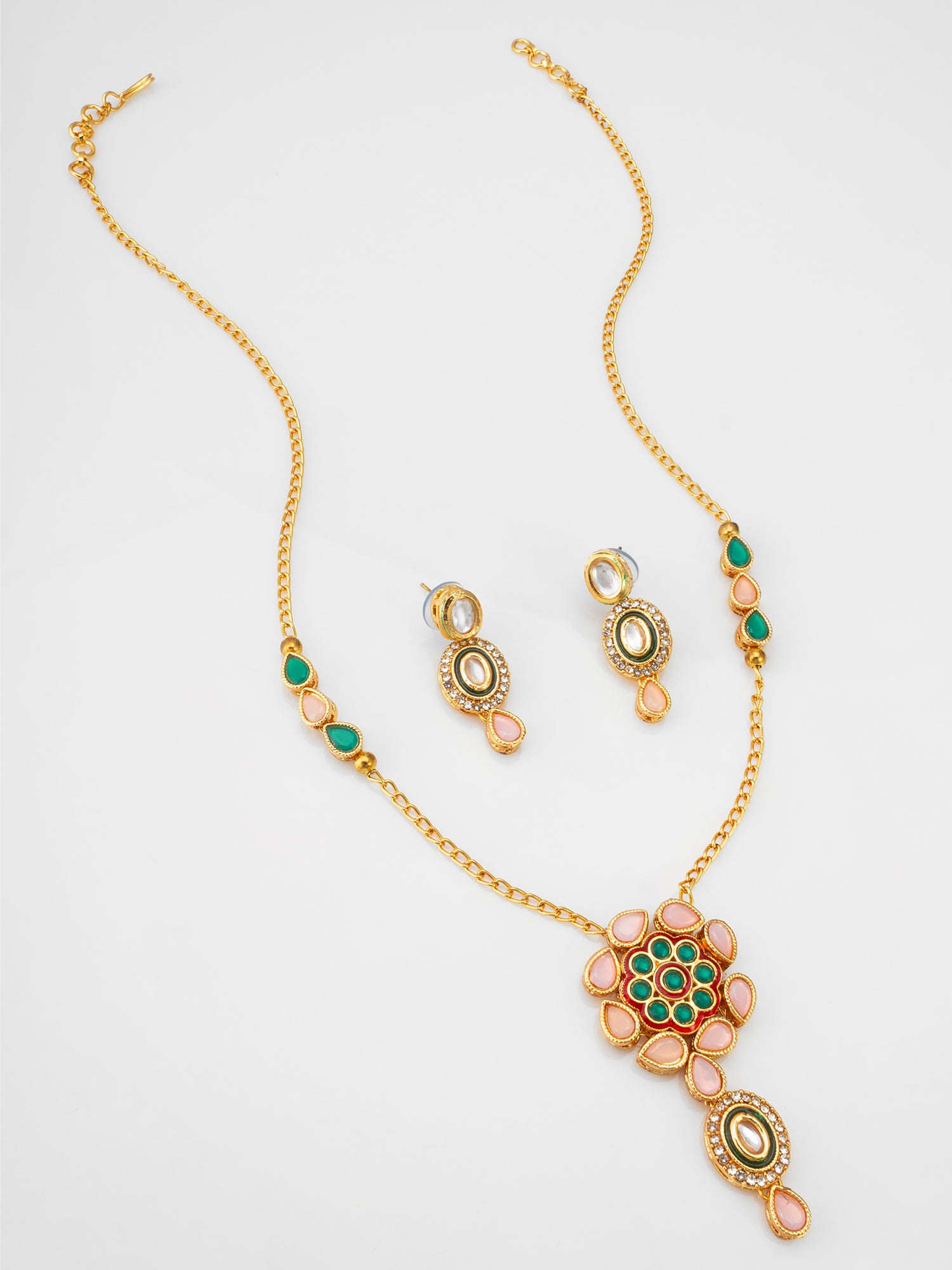 Aadita Traditional Kundan Necklace Set with Pink and Green Floral Pendant