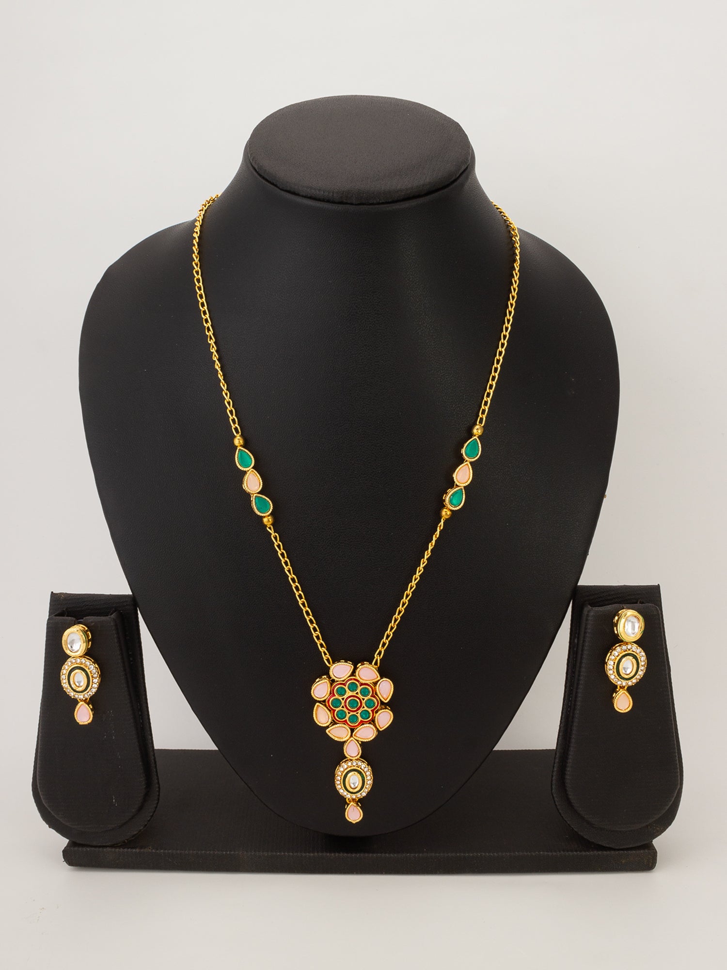 Aadita Traditional Kundan Necklace Set with Pink and Green Floral Pendant