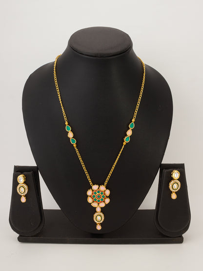 Aadita Traditional Kundan Necklace Set with Pink and Green Floral Pendant