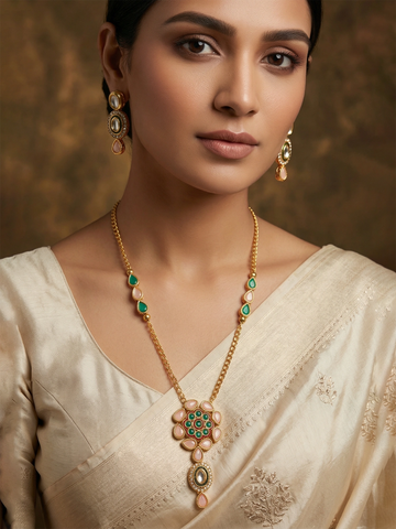 Aadita Traditional Kundan Necklace Set with Pink and Green Floral Pendant