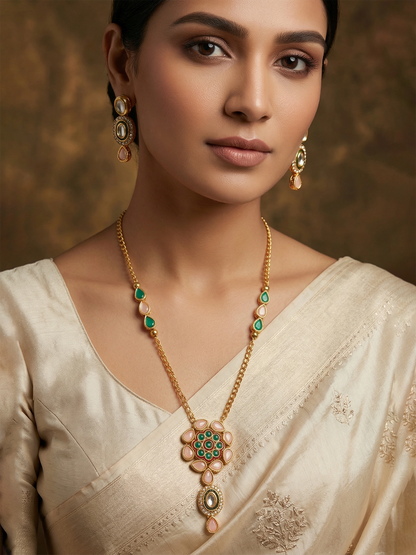 Aadita Traditional Kundan Necklace Set with Pink and Green Floral Pendant