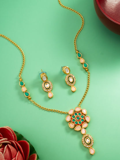 Aadita Traditional Kundan Necklace Set with Pink and Green Floral Pendant