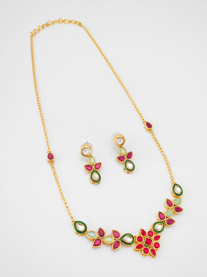 Aadita Gold Plated Teardrop Kundan Necklace with Red and Green Stones