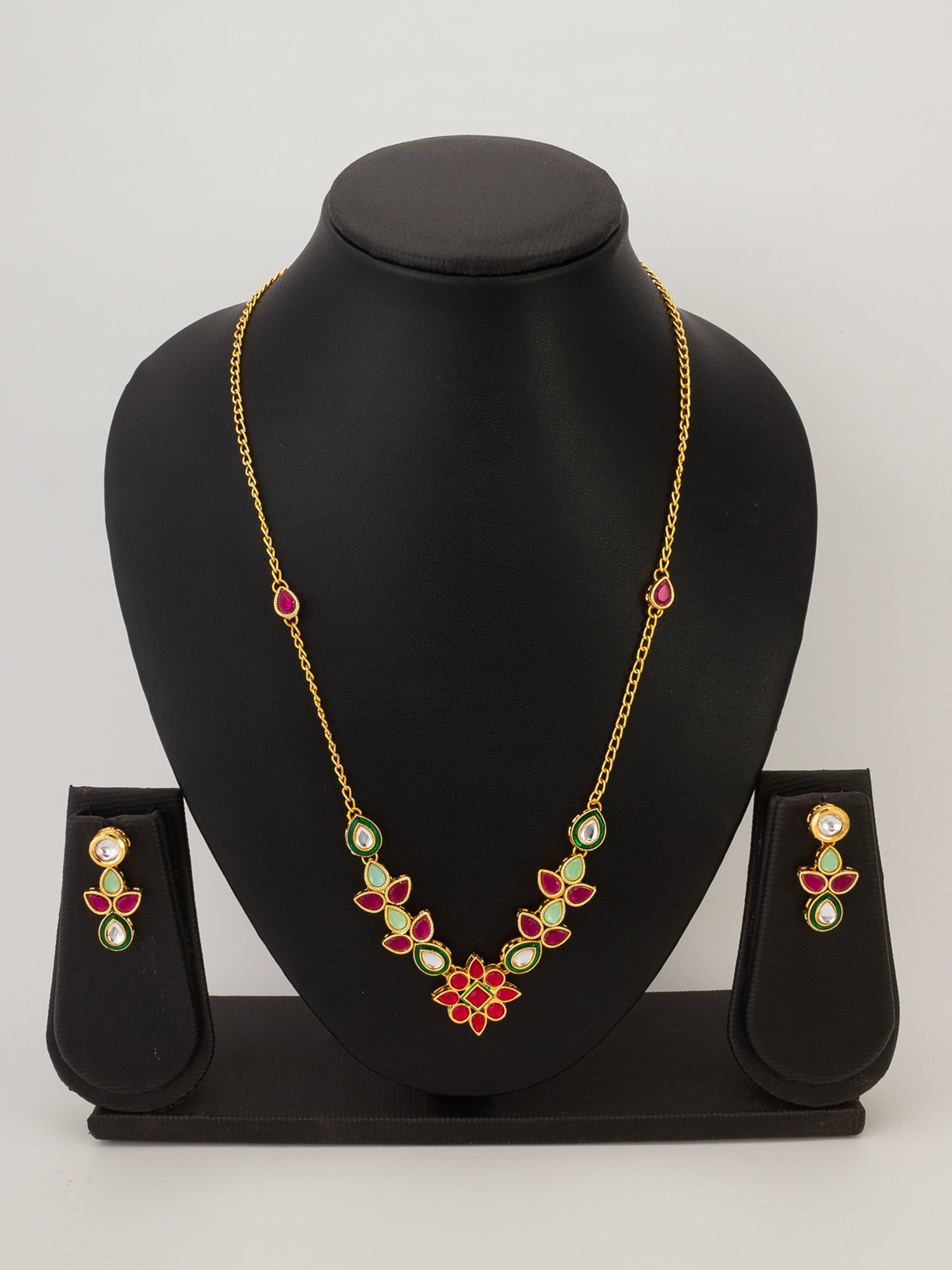 Aadita Gold Plated Teardrop Kundan Necklace with Red and Green Stones