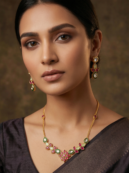 Aadita Gold Plated Teardrop Kundan Necklace with Red and Green Stones