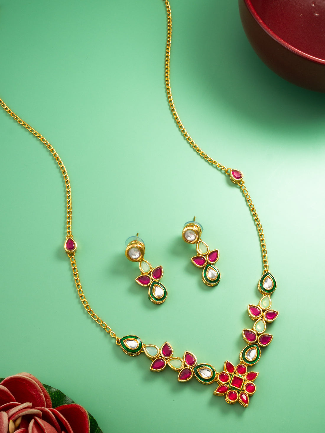 Gold Plated Teardrop Kundan Necklace with Red and Green Stones