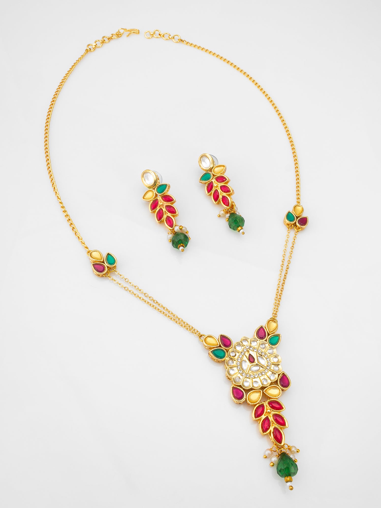Aadita Leaf Pattern Kundan Necklace Set with Green Bead Drops