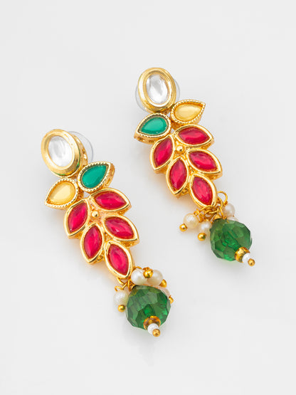 Aadita Leaf Pattern Kundan Necklace Set with Green Bead Drops