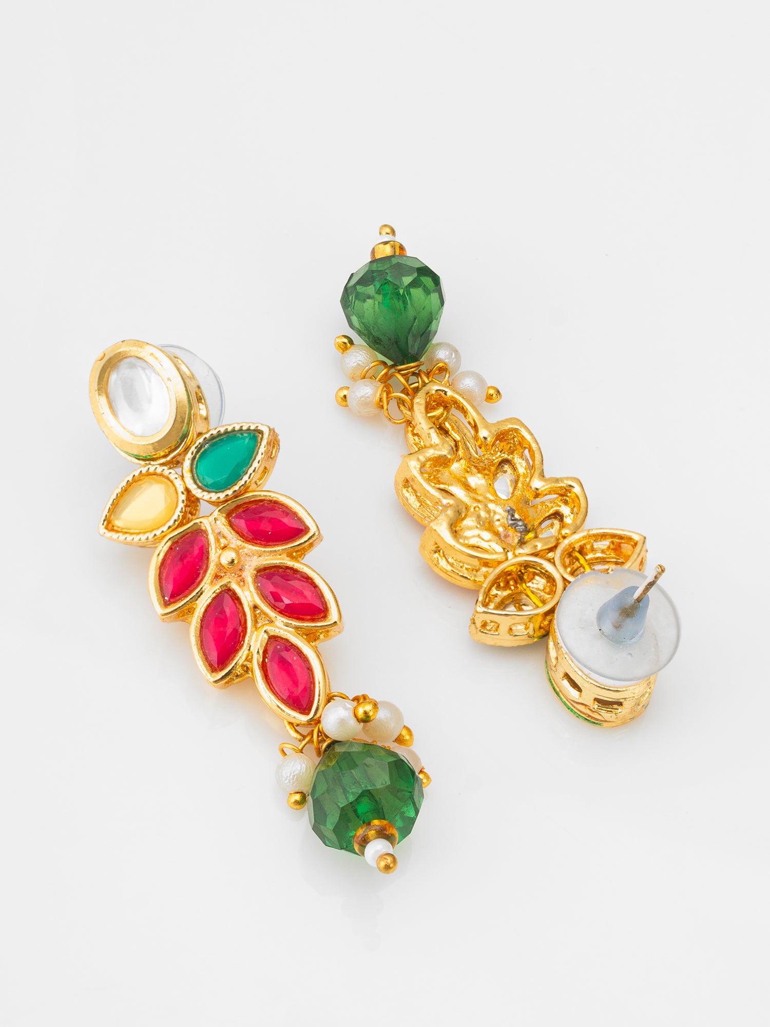 Aadita Leaf Pattern Kundan Necklace Set with Green Bead Drops