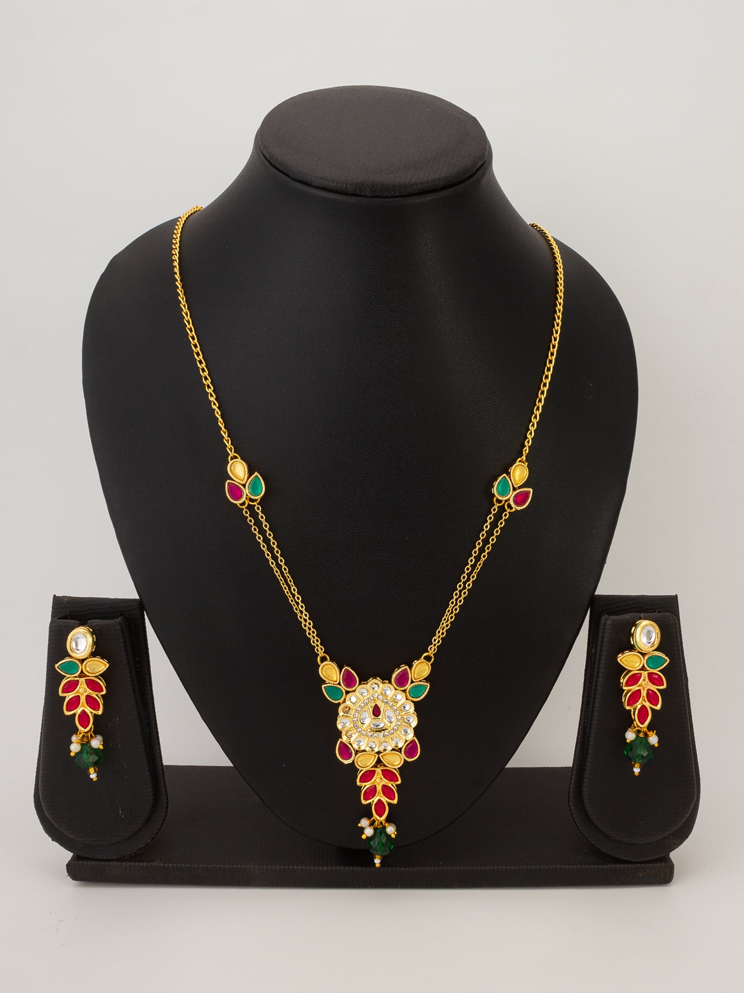 Aadita Leaf Pattern Kundan Necklace Set with Green Bead Drops