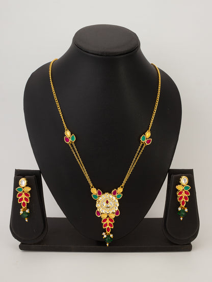 Aadita Leaf Pattern Kundan Necklace Set with Green Bead Drops