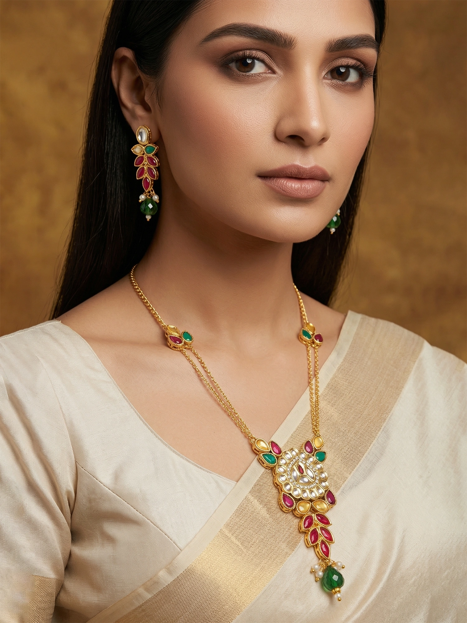 Aadita Leaf Pattern Kundan Necklace Set with Green Bead Drops