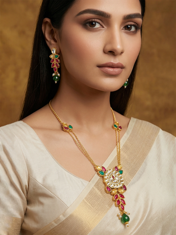 Aadita Leaf Pattern Kundan Necklace Set with Green Bead Drops