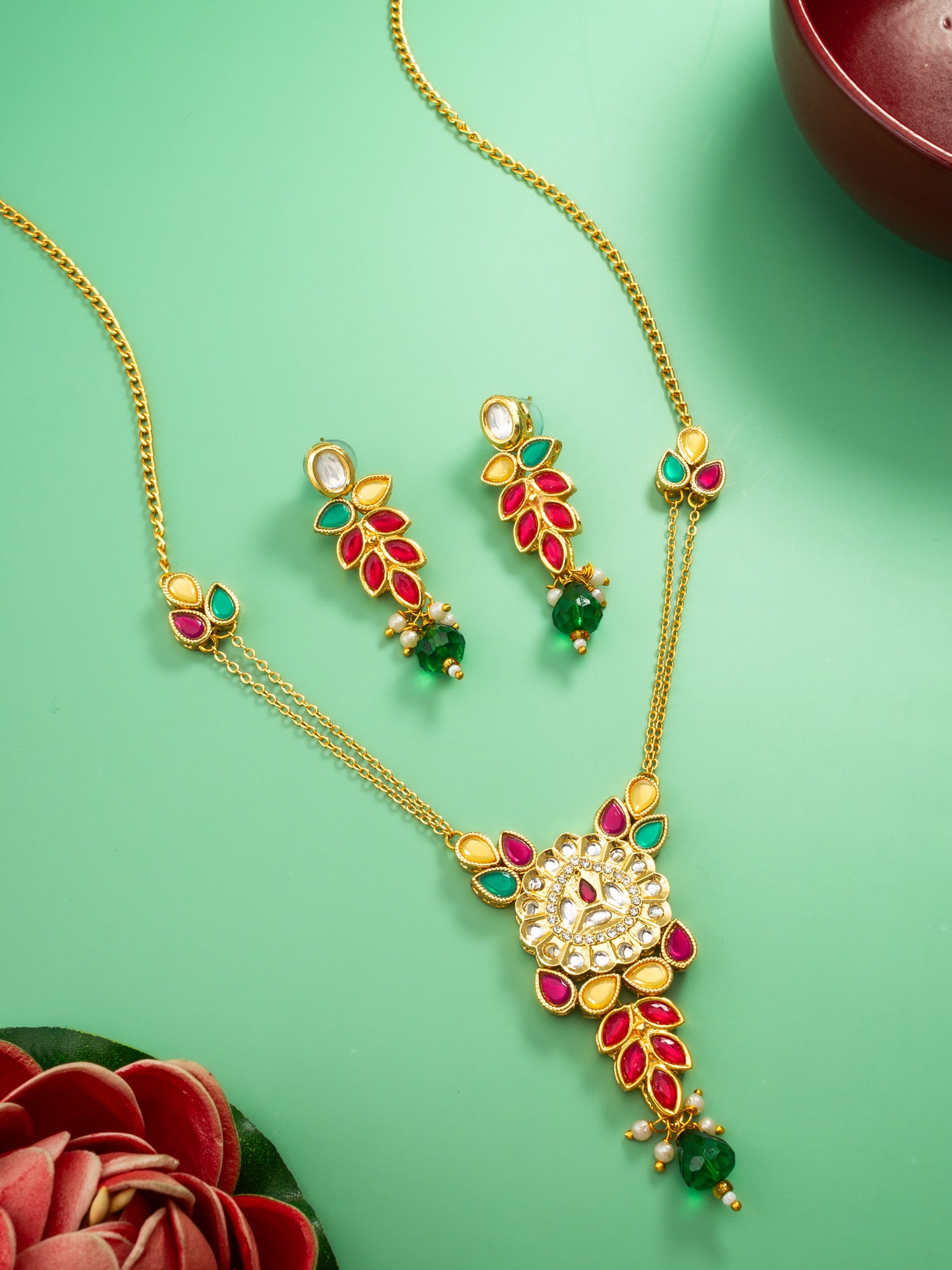 Aadita Leaf Pattern Kundan Necklace Set with Green Bead Drops