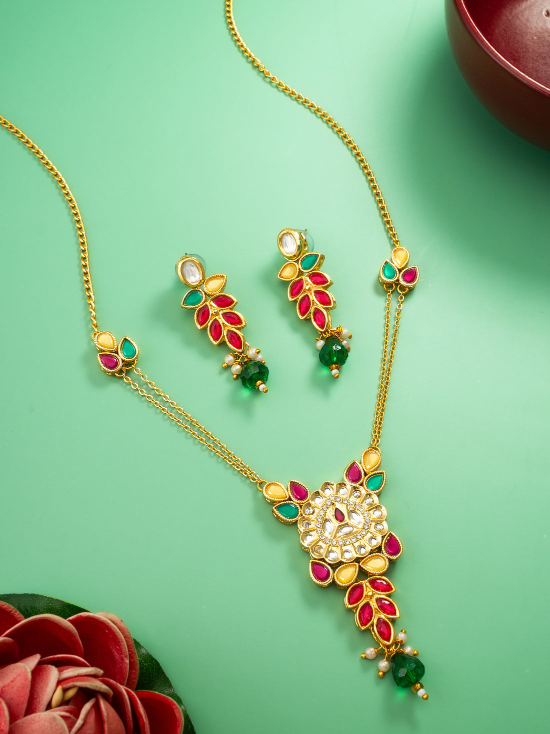 Leaf Pattern Kundan Necklace Set with Green Bead Drops
